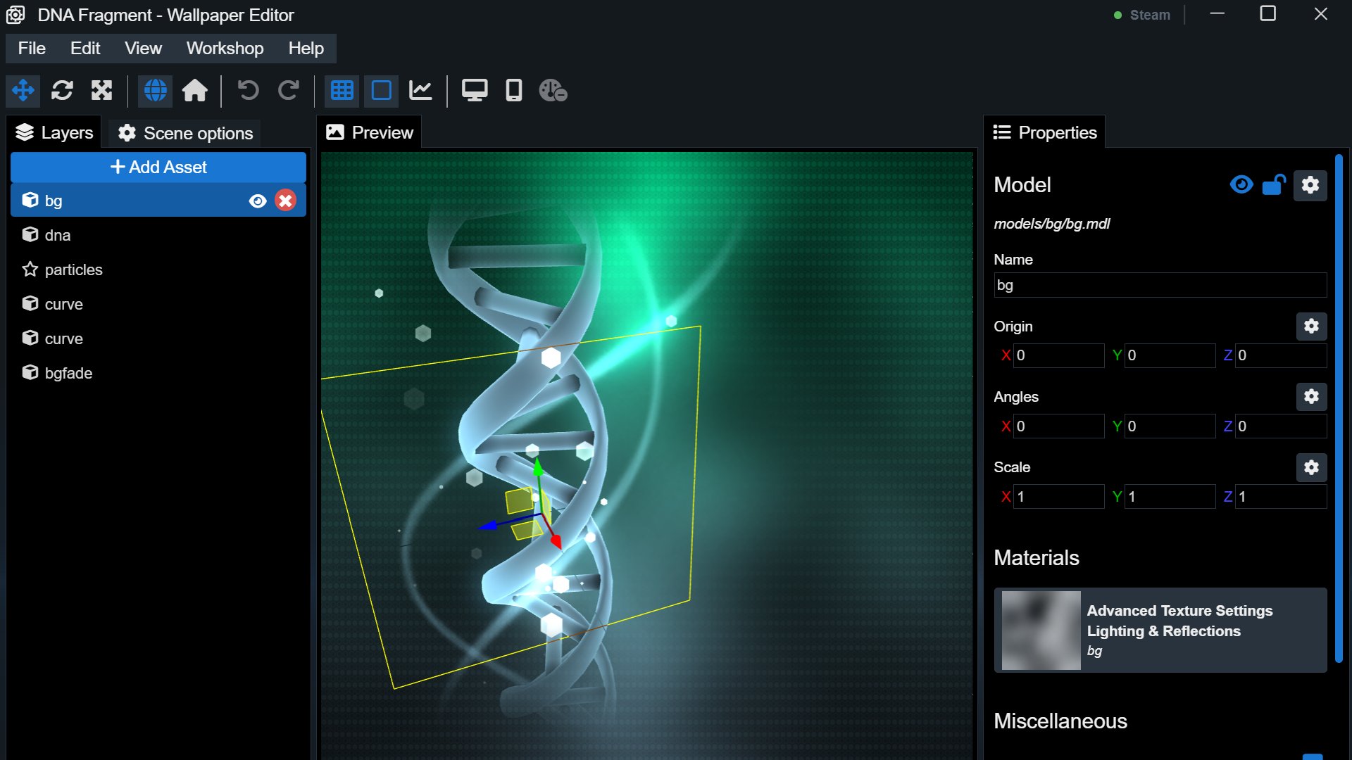 L'editor di Wallpaper Engine con una scena animata aperta